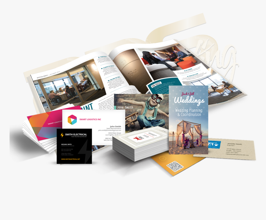 Variety of printed marketing materials including brochures and business cards