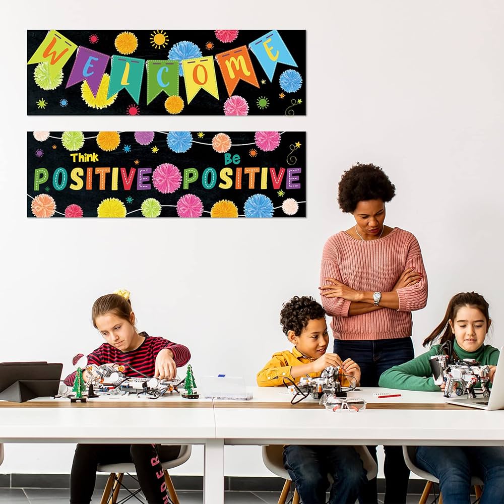 Colorful classroom banner with motivational messages.