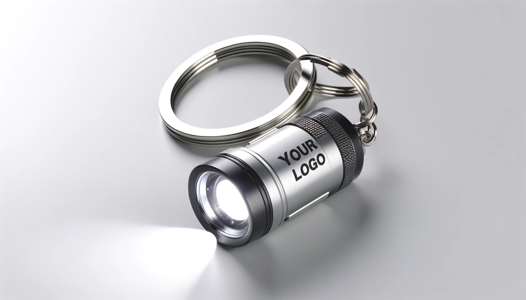 Branded mini LED flashlight keychain.