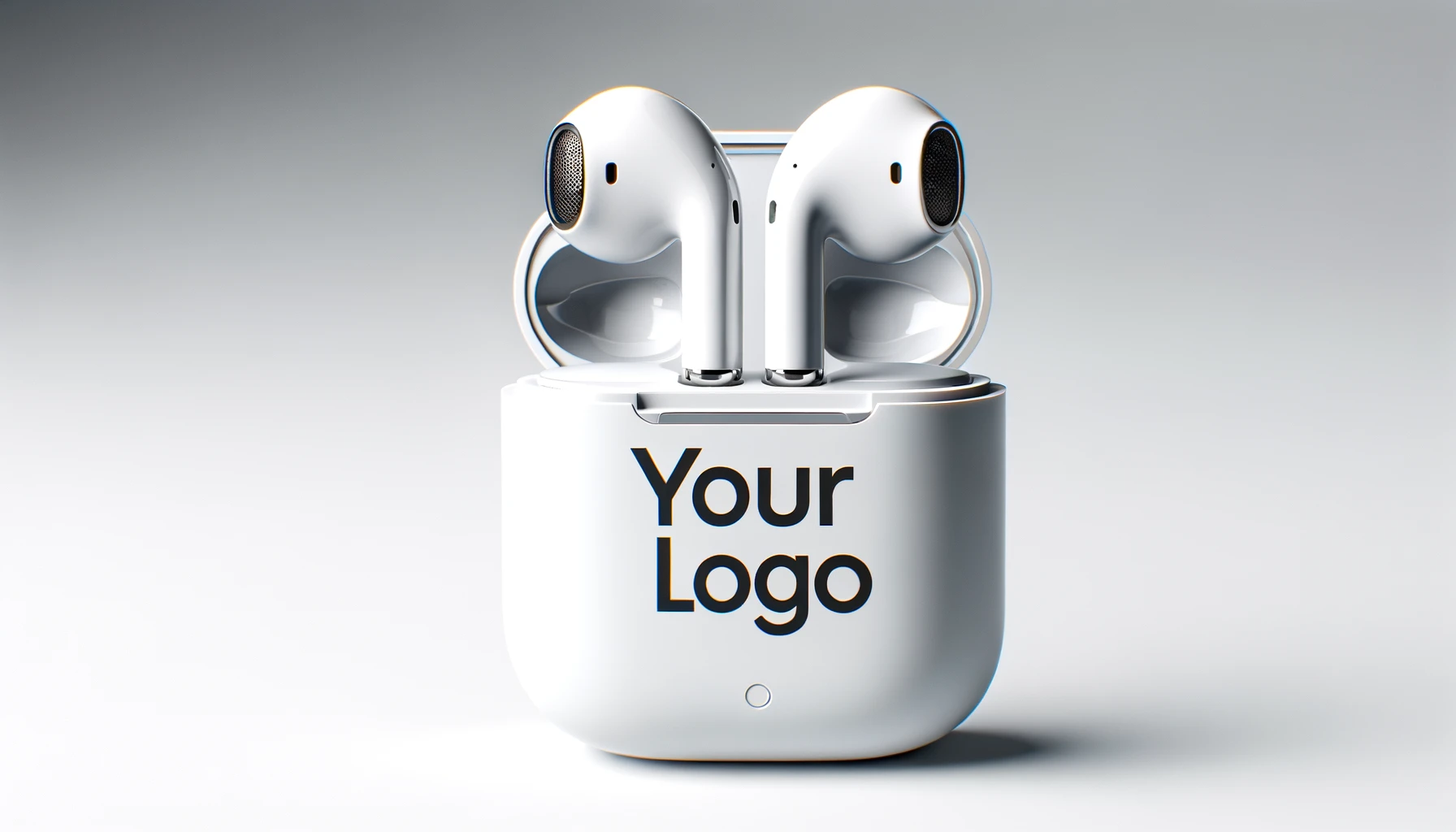 Branded white wireless earbuds in case.