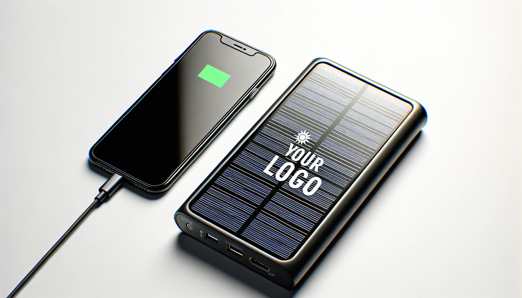 Solar-powered mobile power bank with company logo