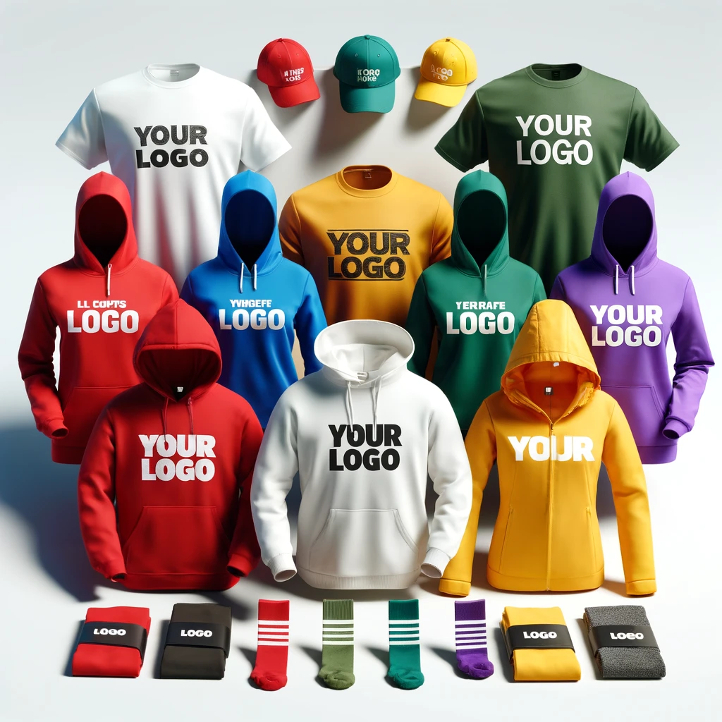 Assorted branded apparel including hoodies, caps, and socks