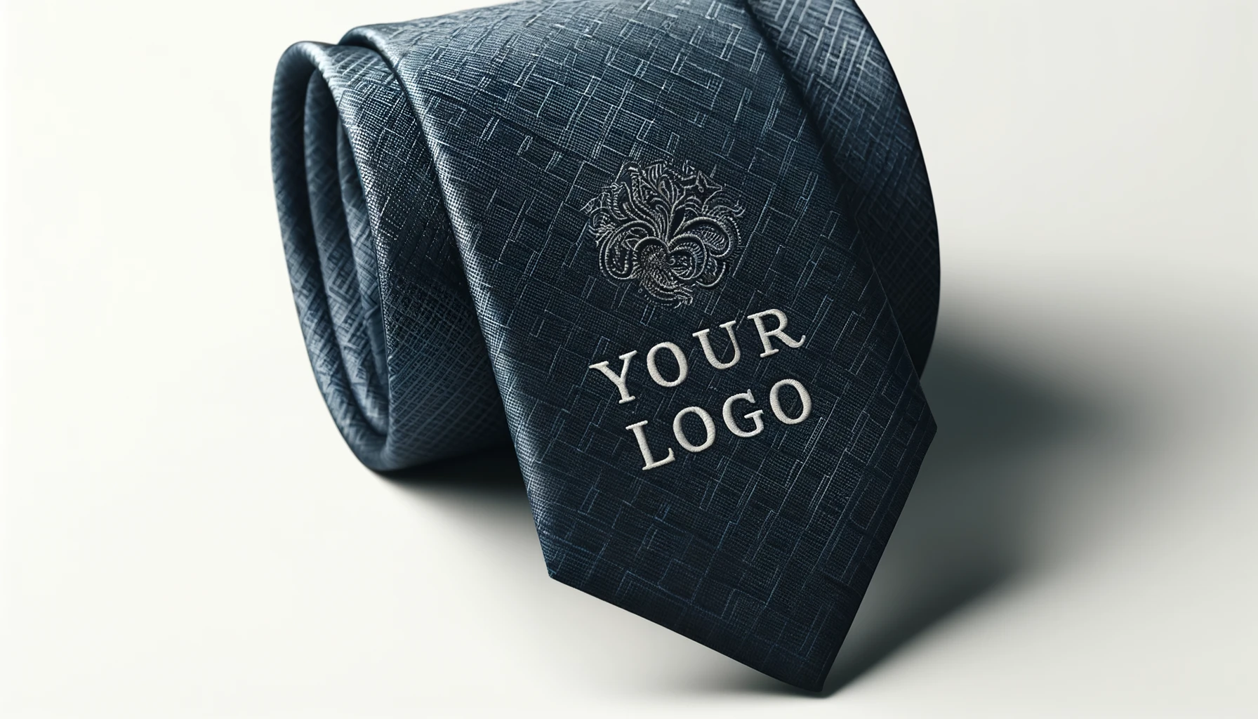 Navy blue tie with patterned design and 'Your Logo'.