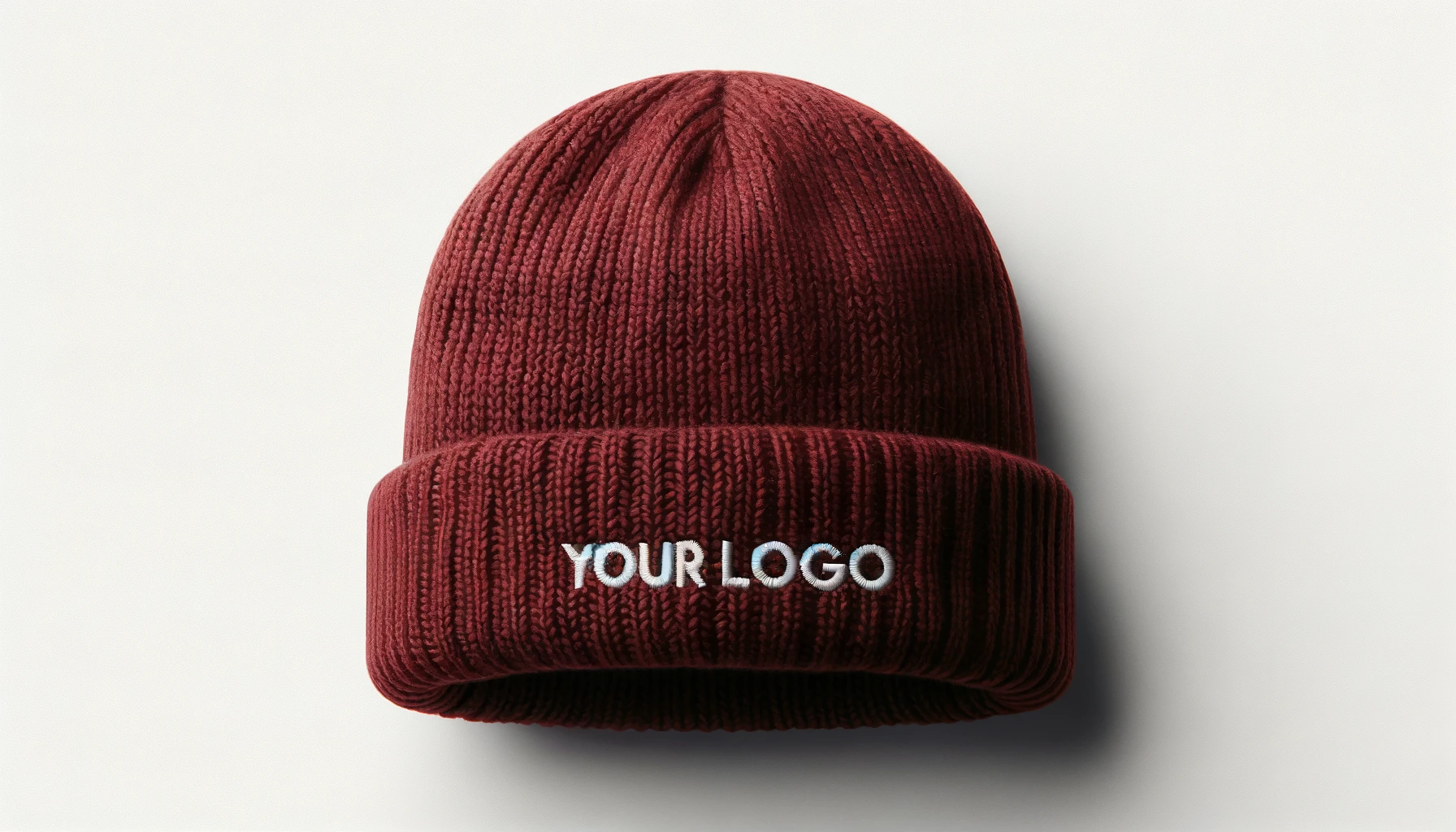 Burgundy knitted beanie with 'Your Logo' embroidered.