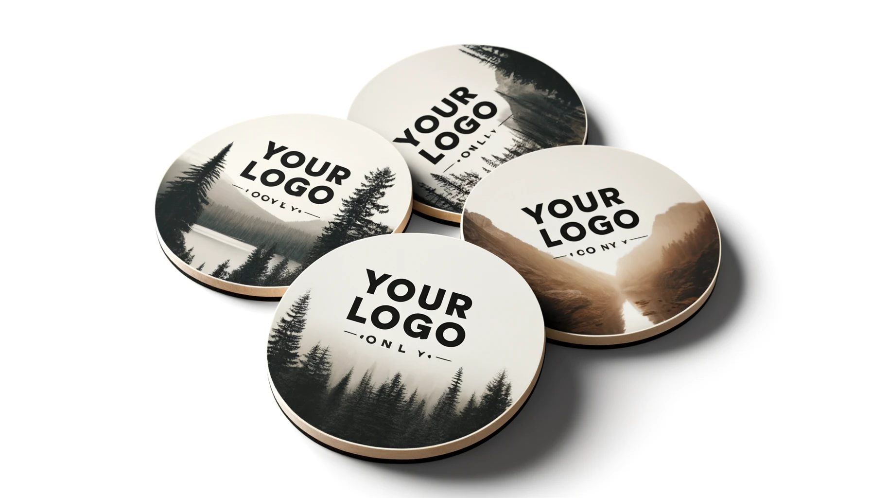 Set of round coasters with forest and mountain images and 'Your Logo'