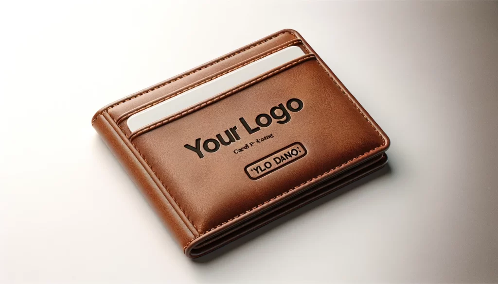 Brown leather wallet with customizable logo and credit card slot.