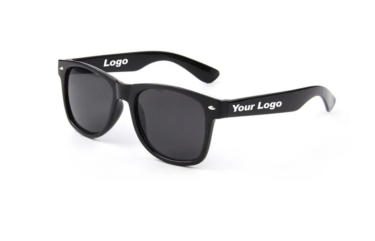 Classic black sunglasses with 'Your Logo' on the frame