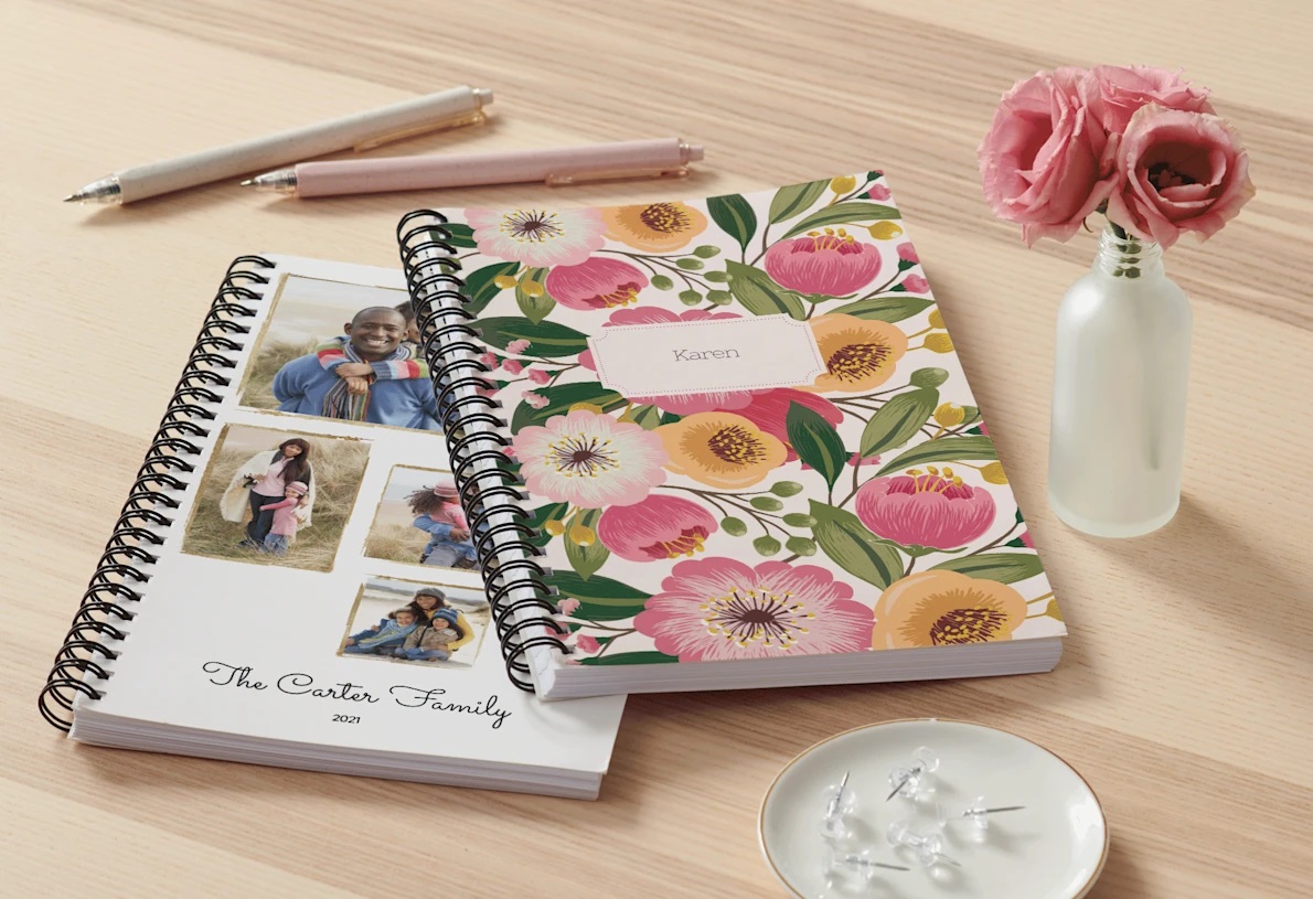 Personalized Custom family planner notebook with floral cover and family photos.