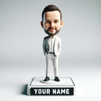 Custom bobblehead figurine of a man in a light gray suit, standing on a base labeled YOUR NAME.