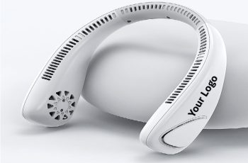 Custom modern white wearable neck fan with adjustable vents.